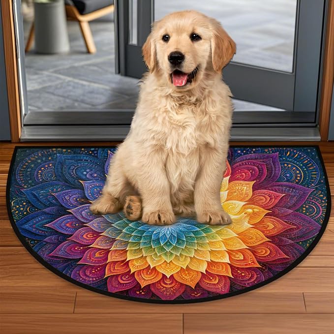 Rainbow Half Round Door Mat Semi Moon Rug Fireplace Carpet Area Rugs | Mandala Color Non Slip Absorbent Half Circle Mat Carpet for Indoor Outdoor Patio Kitchen Bathroom Entryway Home Decor