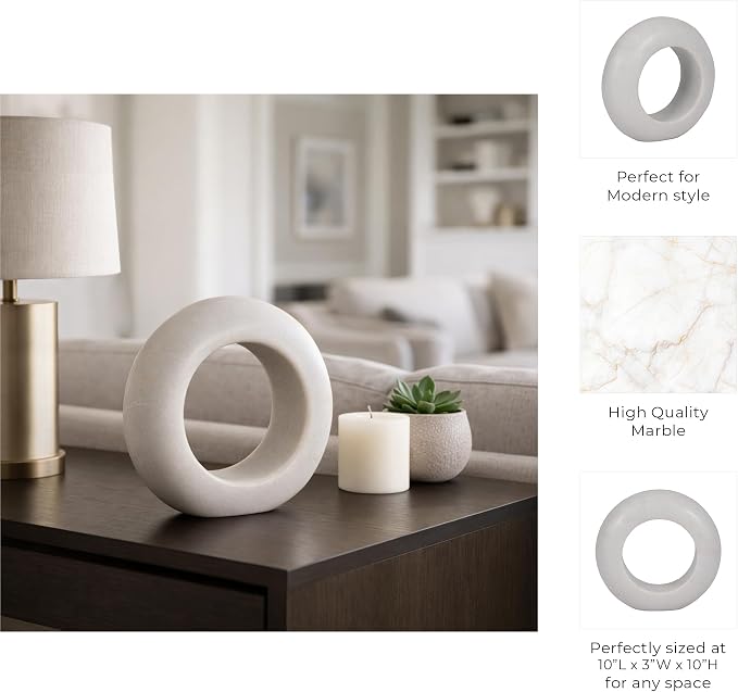 Ring Stone Marble Wood Sculpture – Room Decor Accent Sculpture, Tabletop Interior Decorative Object for Living Room or Office – Modern Circular Design, Outdoor Home Decor – 10", White