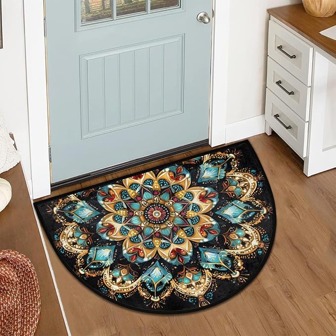 Mandala Boho Half Round Rug Half Moon Door Mat Half Circle Rugs | Ethnic Washable Non-Slip Semi Circle Rug Welcome Half Round Door Mat Indoor Entrance Kitchen Bedroom Living Room Decor