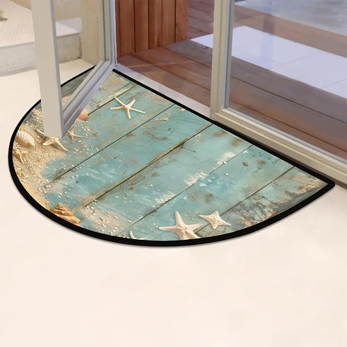 Half Round Doormat Wooden Background Starfish Shells Non Slip Half Circle Area Rugs Indoor Washable Half Moon Rug Semi Circle Bathroom Runner Mat Entrance Floor Carpet for Kithen Bedroom Fireplace