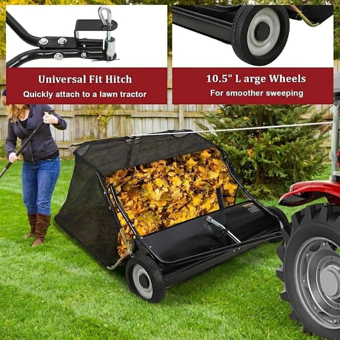 Tow Behind Lawn Sweeper 48" Wide, 26 Cu.Ft Large Hopper Yard Sweeper, Pull Behind Leaf Collector with Adjustable Sweeping Height, Universal Fit for Lawn Tractor & Debris Cleanup