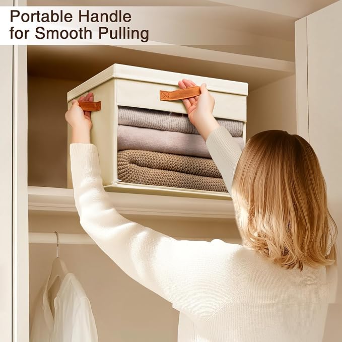 Homsorout Large Storage Bins with Lids - 6 Pack Foldable Decorative Organizers with Clear Windows & Handles, Cube Storage Organizers for Clothes, Blankets, Sweaters, Sheets, Beige