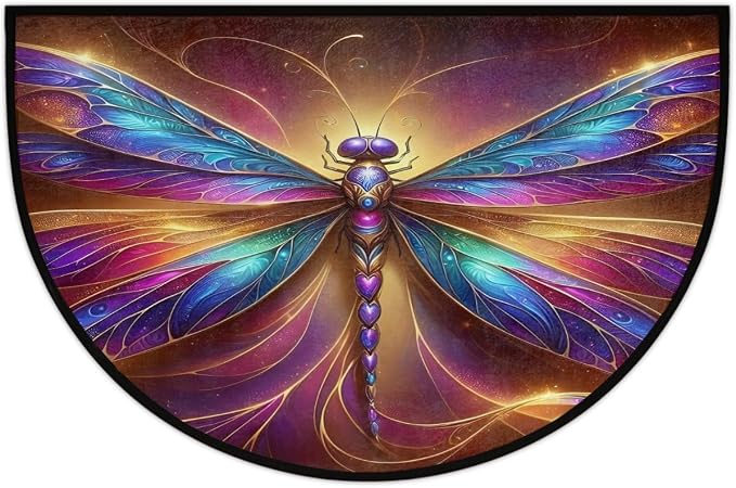 Pardick Half Round Doormat Dragonfly Abstract Colorful Semi Circle Rug Non Slip Indoor Outdoor Entrance Half Moon Rug Washable Front Floor Mat for Kitchen Bathroom Patio Fireplace Holiday Decor