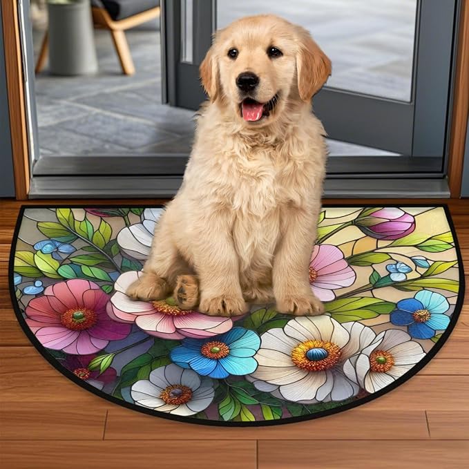 Flower Half Round Doormat Semi Circle Rug Half Moon Rug Entryway Mat | Spring Floral Washable Non Slip Outdoor Floor Rug Kitchen Mat for Indoor Outdoor Bathroom Fireplace Bath Decor