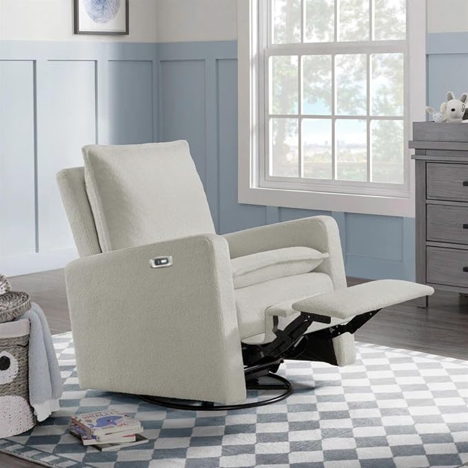 Oxford Baby Uptown Power Upholstered Glider Recliner Rocking Chair 270° Swivel for Nursery and Living Room – Boucle White, Green Guard Gold Certified