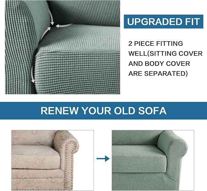 H.VERSAILTEX 2-Piece Armchair Slipcovers with Arms Sofa Slipcover Fit Chair Width Up to 47 Inch, Anti-Slip Rich Stretch Knitted Jacquard Fabric Small Checks(Chair, Sage)