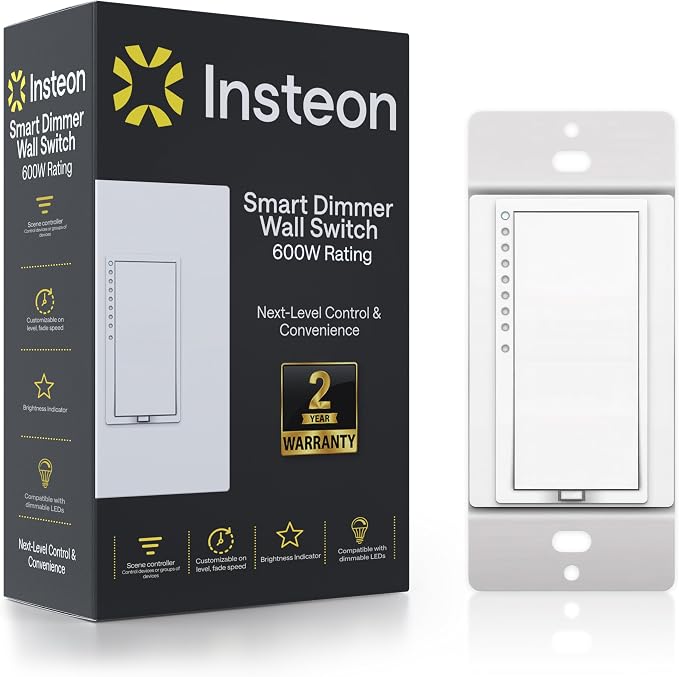 Insteon Smart Dimmer Wall Switch, 600W, 2477D (White) - Needs Neutral Wire - Requires Insteon Hub for Voice Control with Amazon Alexa and Google Assistant