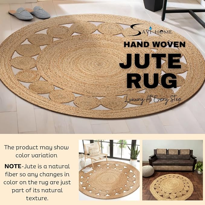 Savi Home Jute Area Rug Handwoven- 4 feet Round- Natural Beige - Rustic Vintage Beige Braided Reversible Jute Rug- Eco Friendly Rugs for Farmhouse, Bedroom, Kitchen, Living Room