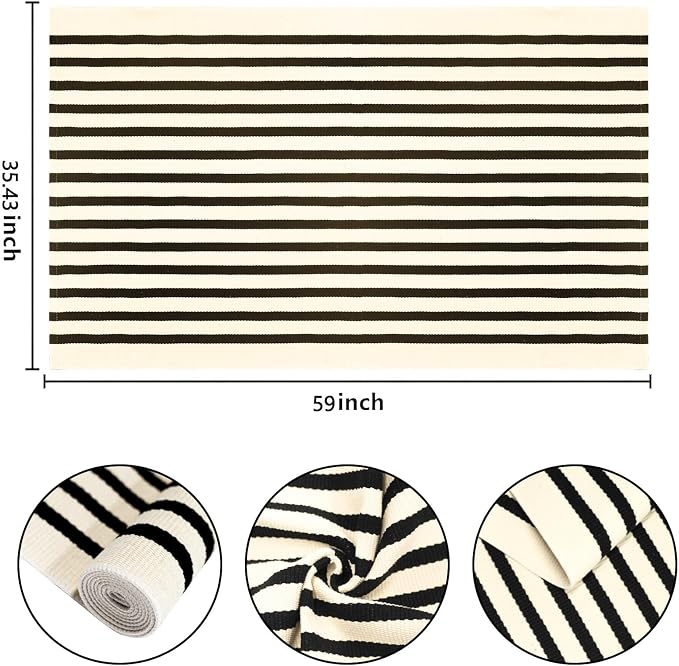 BUAGETUP Black and Beige Outdoor Rug 3'x 5',Striped Washable Porch Rug Cotton Woven Washable Rug Indoor/Outdoor Area Rug Floor Mat for Farmhouse Living Room Bedroom