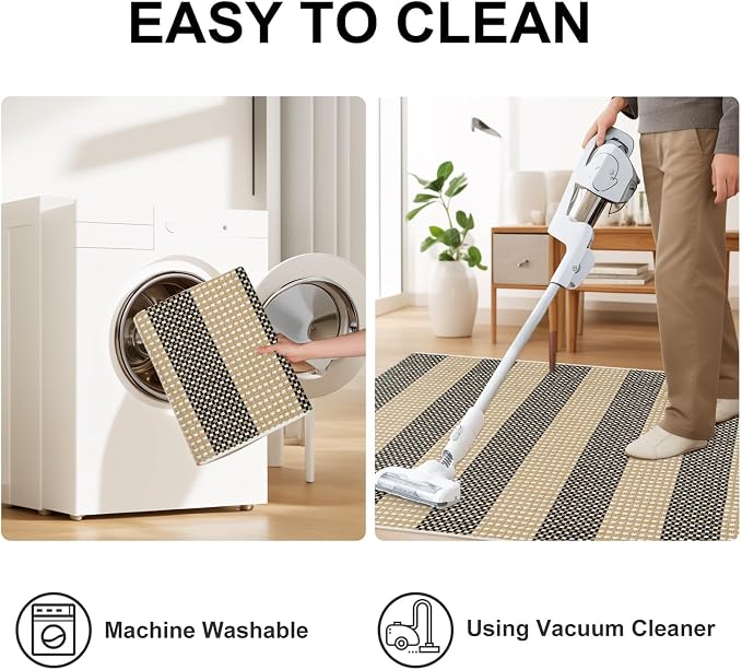 OJIA Tan Washable Outdoor Rugs 3'x5' Front Door Mat Porch Rug Patio Decor | Cotton Woven Doormat Indoor Outdoor Rugs Striped Entryway Rugs Small Outdoor Door Mats Outside Entrance for Kitchen Entry