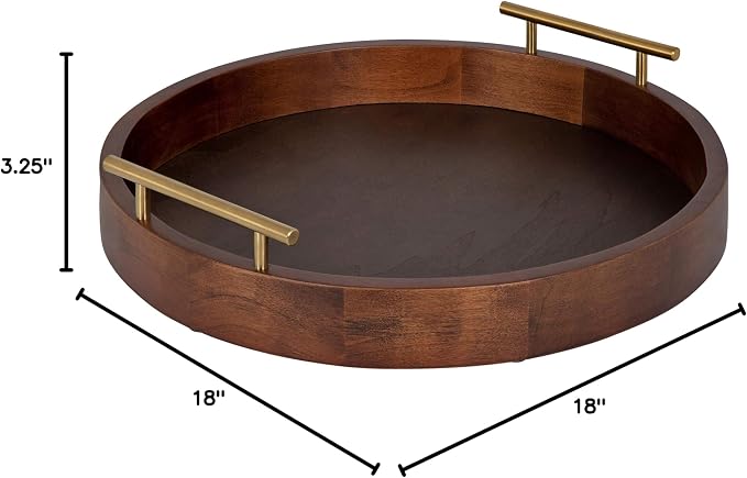 Kate and Laurel Lipton Modern Round Tray, 18", Dark Walnut and Gold, Decorative Accent Tray for Storage and Display