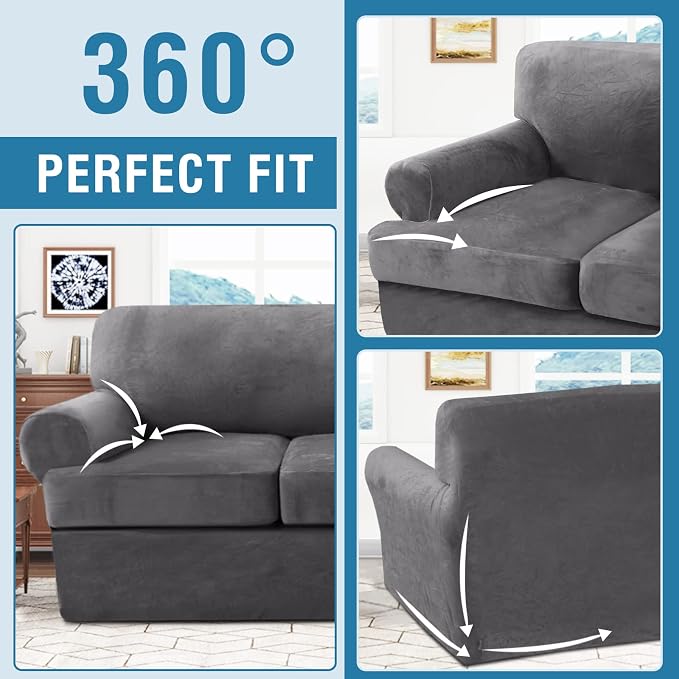 H.VERSAILTEX Sofa Cover 3 Piece T Cushion Sofa Slipcovers Thick Velvet Couch Cover Furniture Protector Stretch T Cushion Sofa Covers for 2 Cushion Couch with 2 T Cushion Covers Washable, Grey