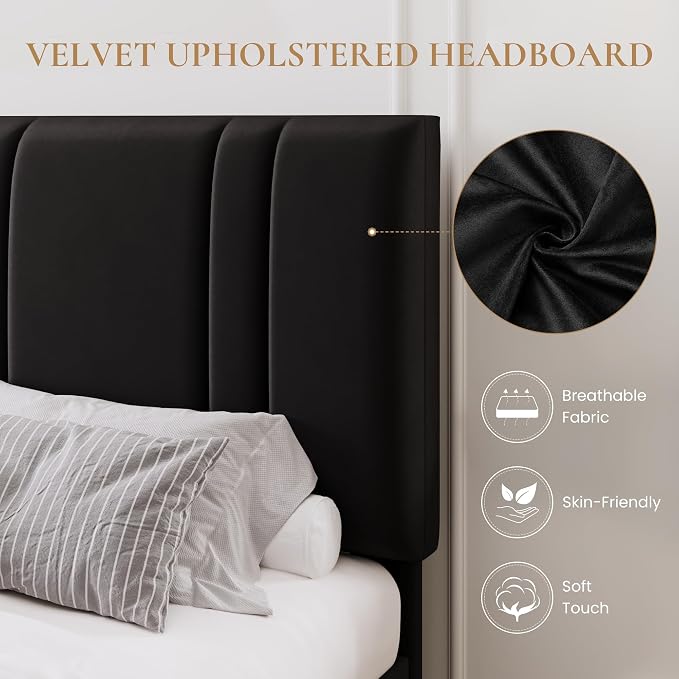 SHA CERLIN King Size Velvet Bed Frame with Adjustable Headboard, Black | Vertical Channel Tufted Design, Upholstered Platform Bed, Wood Slats Support/No Box Spring Needed/Easy Assembly