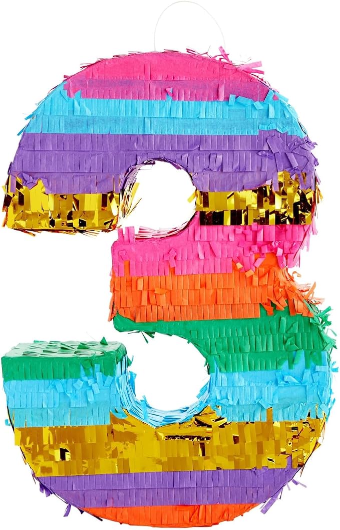 BLUE PANDA Number 3 Pinata - Rainbow 3rd Birthday Party Decorations - Tissue Paper Fiesta Pinata for Kids Anniversary Celebrations | Multicolored | 11.4 x 16.5 x 3 Inches