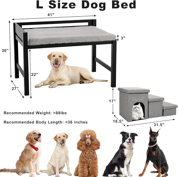 Wooden Bedside Dog Bed with Stairs, 41‘’x27'' Dog Co-Sleeper for Human Bed, Pet Bunk Bed with Removable Mattress, Foldable 3-Step Stairs and Guardrails for Large Dogs