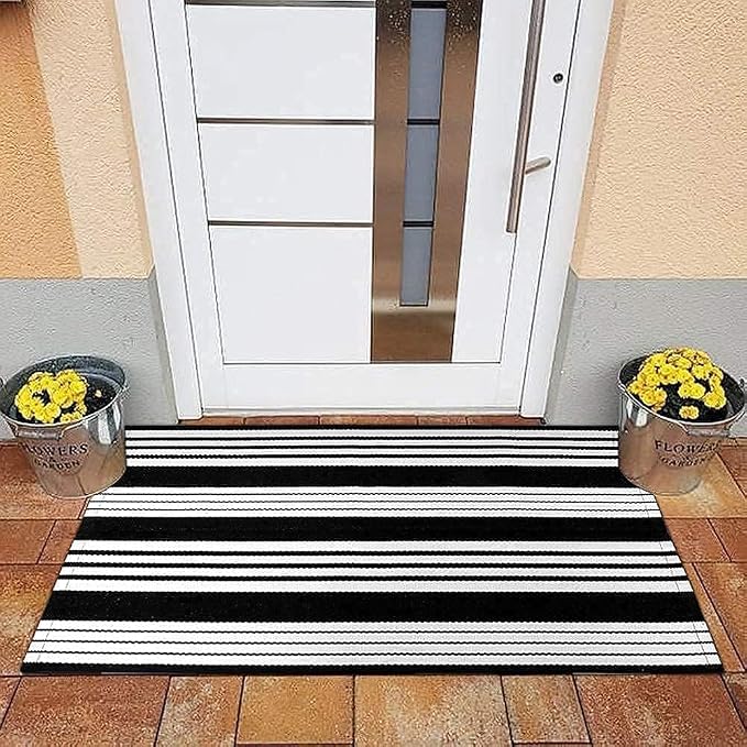 OJIA Front Door Mat 24"x35" Black and White Outdoor Rugs Front Door Rug | Washable Entryway Rug Cotton Woven Indoor Outdoor Doormat Small Area Rugs Layered Doormat for Porch/Outside Entrance Decor