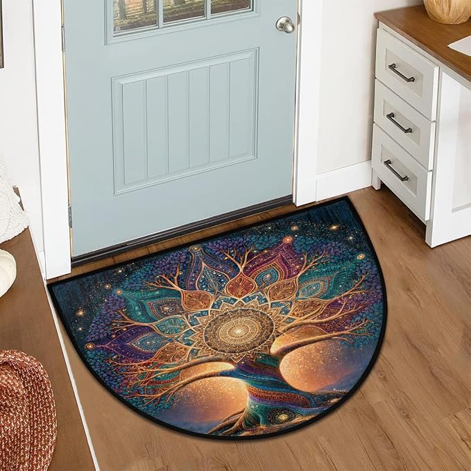 Tree Half Round Door Mat Semi Circle Rug Half Moon Doormat | Soft Washable Mandala Colorful Welcome Entrance Mat for Outdoor Indoor Floor Bedroom Bathroom Home Kitchen Festival Decor