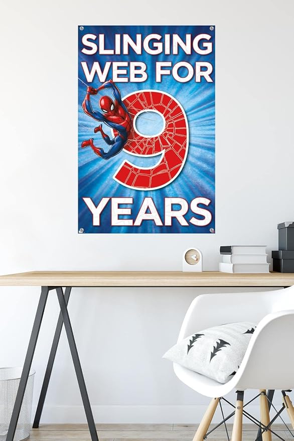 Trends International Marvel Spider-Man - Happy 9th Birthday Wall Poster, 22.37" x 34.00", Premium Poster & Push Pin Bundle