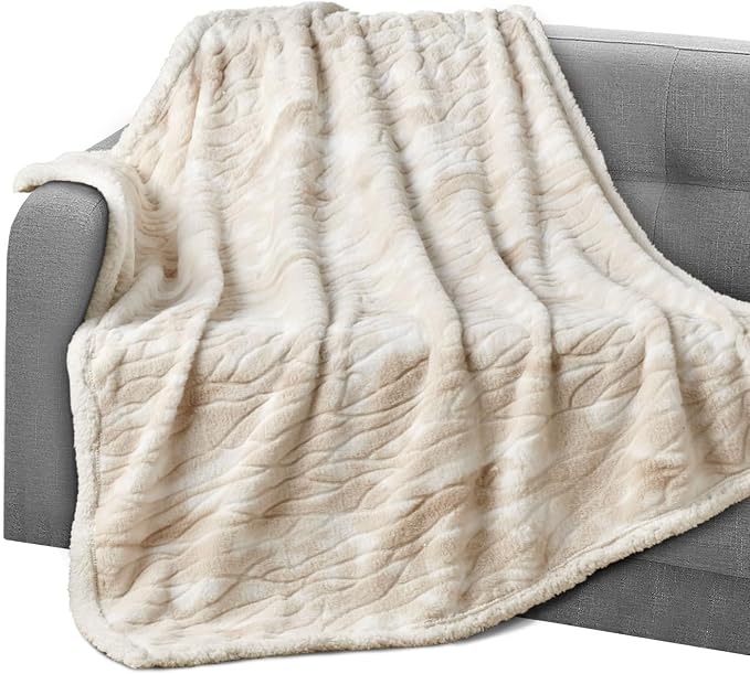 Elegant Comfort Throw Blanket, Reversible Sherpa Flannel, Ultra-Soft, Fuzzy, Cozy and Plush- All Season Lightweight Decorative Throw, 50 x 60 inches, Alaska Sherpa Throw, Beige