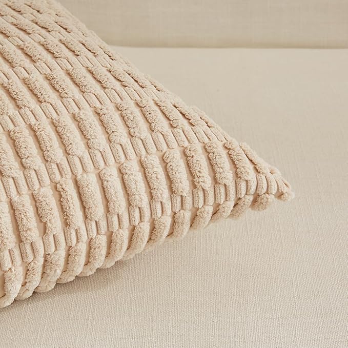 Fancy Homi 4 Packs Neutral Small Decorative Throw Pillow Covers 14x14 Inch for Living Room Couch Bed Sofa, Rustic Farmhouse Boho Home Decor, Soft Plush Striped Corduroy Square Cushion Case 35x35 cm