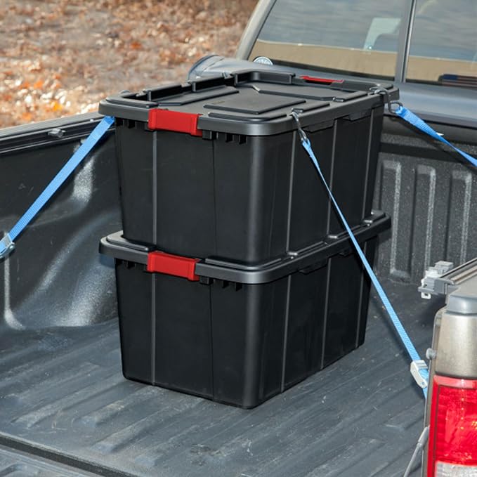 Sterilite Industrial Storage Tote with Lids for Garage, 27 Gallon, 12-Pack | Heavy-Duty and Stackable Utility Box Containers for Home, Office, and Basement Organization, Black