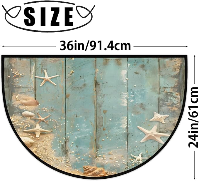 Half Round Doormat Wooden Background Starfish Shells Non Slip Half Circle Area Rugs Indoor Washable Half Moon Rug Semi Circle Bathroom Runner Mat Entrance Floor Carpet for Kithen Bedroom Fireplace