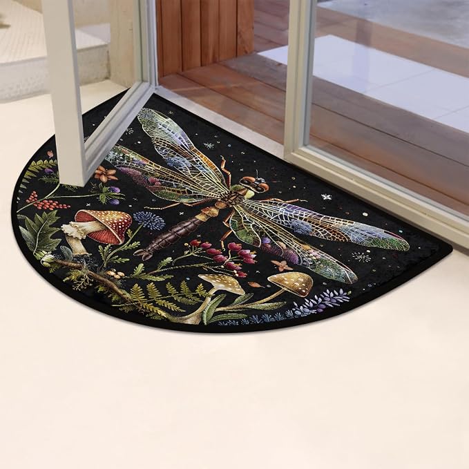 Dragonfly Half Round Doormat Non-Slip Semi Circle Rug Half Moon Mat | Mushroom Leaf Flower Washable Soft Absorbent Indoor Outdoor Entrance Kitchen Bathroom Sink Patio Welcome Fireplace Floor Rug