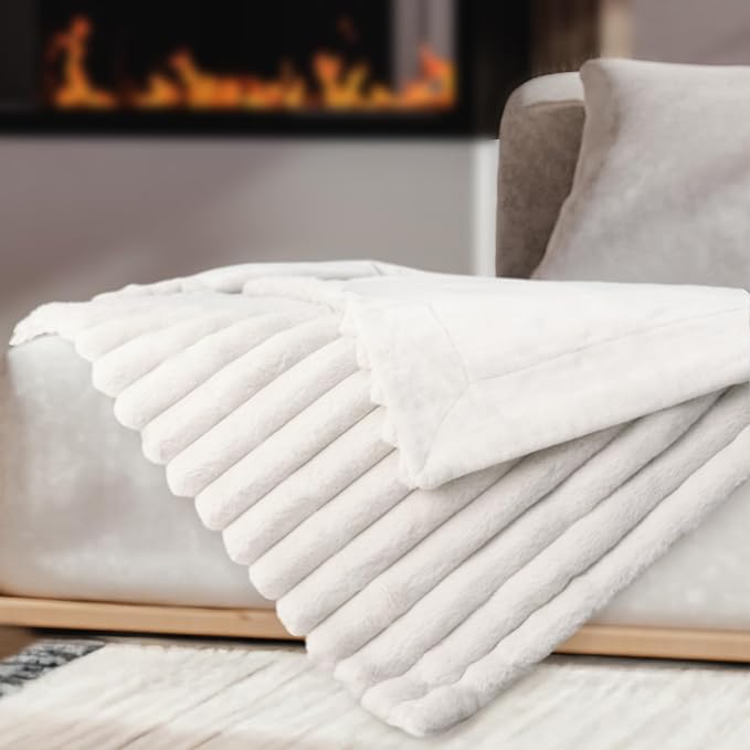DEZ FURNISHINGS Luxury Reversible Textured Stripe Faux Fur & Velvet Throw Blanket, Throw XL (50" x 70"), White