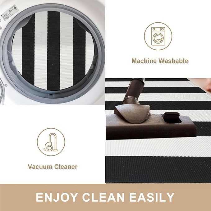 Striped Rug Outdoor Porch Rug Black and White 3'x5' Washable Layered Outdoor Doormat Front Door Mat Cotton Striped Outdoor Rug for Front Door Entryway Patio Laundry Kitchen