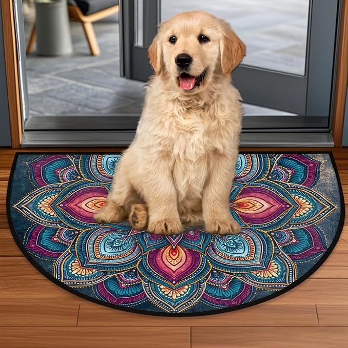 Mandala Half Round Door Mat Semi Moon Rug Fireplace Carpet Area Rugs | Abstract Geometric Non Slip Absorbent Half Circle Mat Carpet for Indoor Outdoor Patio Kitchen Bathroom Entryway Home Decor
