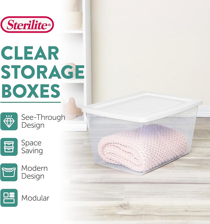 Sterilite Clear Storage Box Stackable Tote, 58 Quart, 32-Pack | Clear Plastic Container with Secure Snapping Lids for Home and Office Organization, White