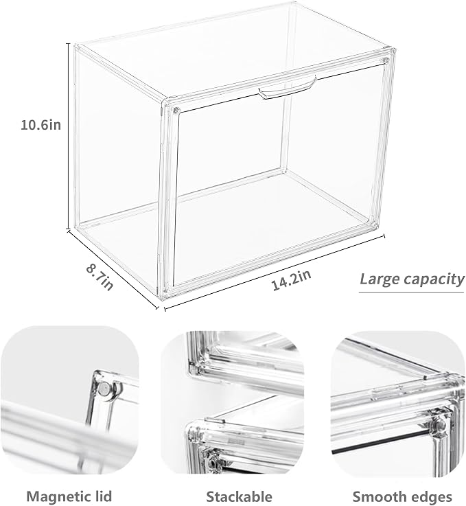LXLXXL Clear Acrylic Display Case, Stackable Plastic Storage Bins, X-Large | Stackable Storage Bin with Magnetic Attraction Lid, XL Clear Acrylic Case, Showcase for Cosmetic, Large Figures Collectibles