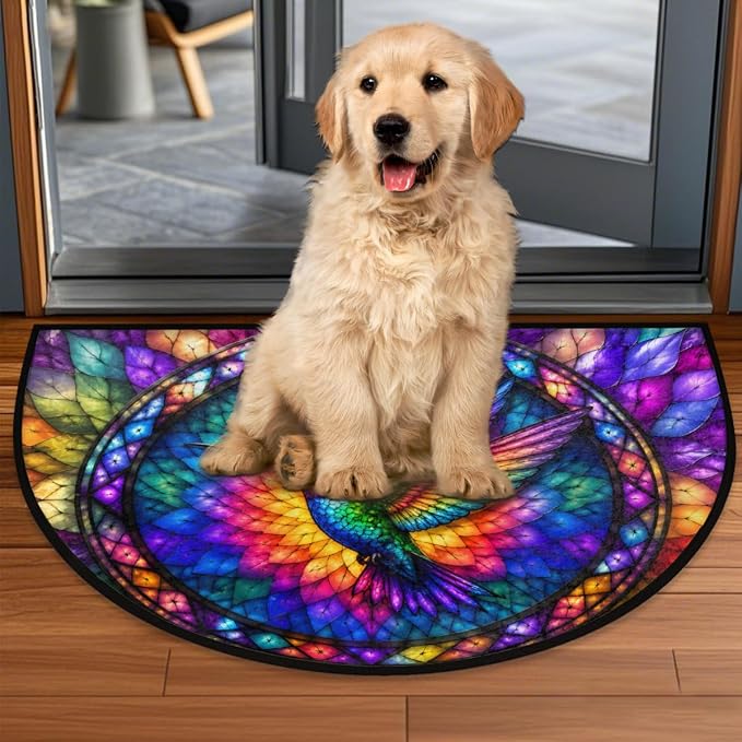 Hummingbird Half Round Door Mat Welcome Entrance Mat Bath Bathroom Rug A6 | Hummingbird Glass Painting Welcome Entrance Mat Anti-Slip Half Moon Bath Mat Semi Circle Rug Indoor Outdoor Kitchen Rug