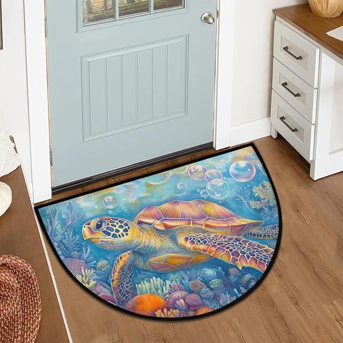 cfpolar Ocean Summer Sea Turtle Half Round Door Mat Indoor Entrance Half Circle Area Rug Semi Circular Door Mat Half Moon Rug for Floor Bathroom Living Room Bedroom Kitchen Fireplace 24"x36",A-09