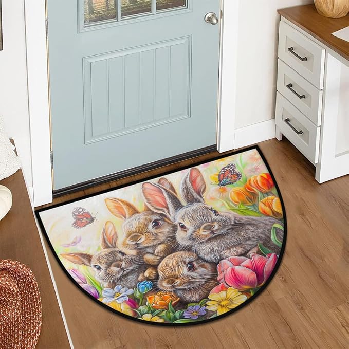 Easter Bunny Tulip Half Round Door Mat Non-Slip Semi Circle Rug Washable Half Moon Floor Rug Absorbent Bathroom Area Rugs for Outdoor Indoor Fireplace Mat Entryway Kitchen Decor Rugs