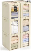 GoMaihe Blanket Storage Bins with Metal Frame for Closet, 55L 6-Pack Beige | Winter Coat Clothing Comforters Bedding, Closet Top Shelf Organizer, Collapse-Proof Stackable, Clear Window Dual Access