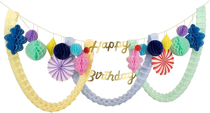 Meri Meri Honeycomb Happy Birthday Banner (Pack of 1), 2 Strands | 9' Birthday Party Garland (13' Including Excess Cord), Meri Meri Garland for Party Decorations, Reusable