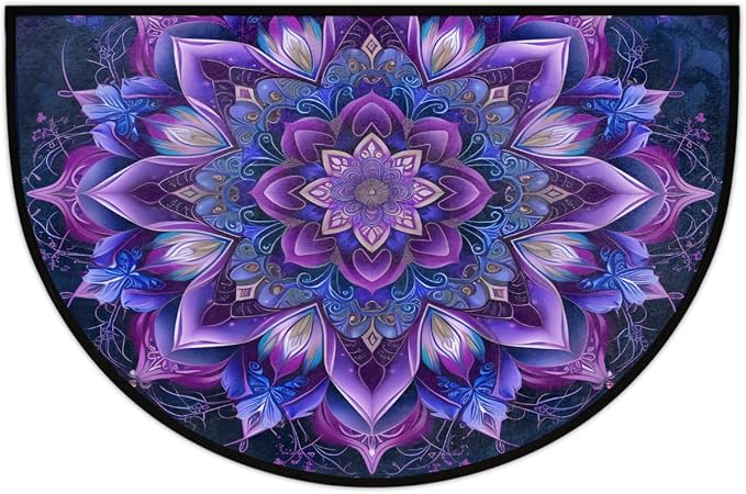 Pardick Purple Mandala Half Round Doormat Semi Circle Rug Non Slip Indoor Outdoor Entrance Half Moon Rug Absorbent Durable Washable Front Floor Mat for Kitchen Bathroom Patio Fireplace