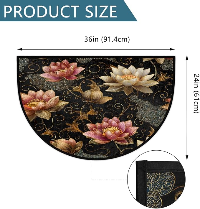 Ethnic Lotus Half Round Door Mat Non Slip Half Circle Rugs | Flower Art Washable Half Moon Rug Semi Circle Rugs Indoor Entrance Floor Carpet for Kithen Bedroom Fireplace Decor