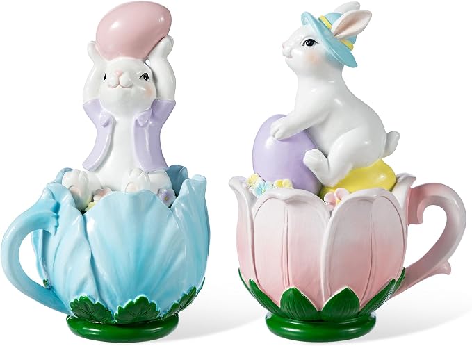 Glitzhome Easter Decorations Bunny Figurine, Set of 2 Resin Rabbit Tabletop Centerpiece Sitting on Tulip Mug with Colorful Egg for Spring Home Indoor & Outdoor Decor