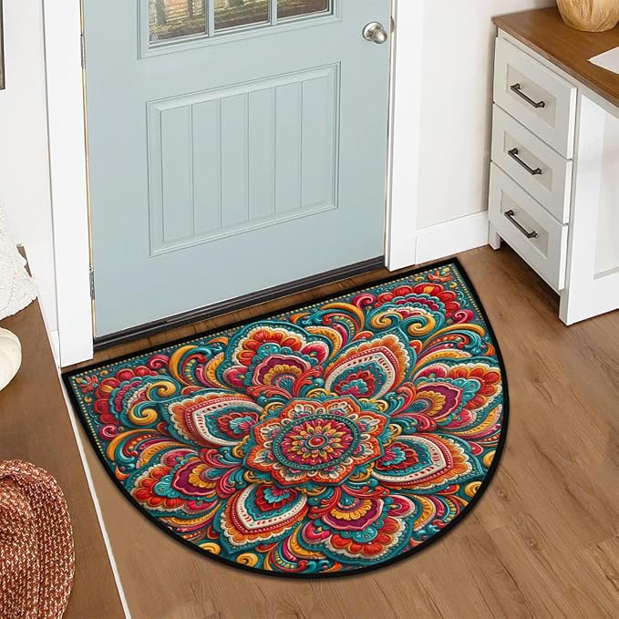 Flower Half Round Door Mat Semi Moon Rug Fireplace Carpet Area Rugs | Colorful Bohemia Non Slip Absorbent Half Circle Mat Carpet for Indoor Outdoor Patio Kitchen Bathroom Entryway Home Decor