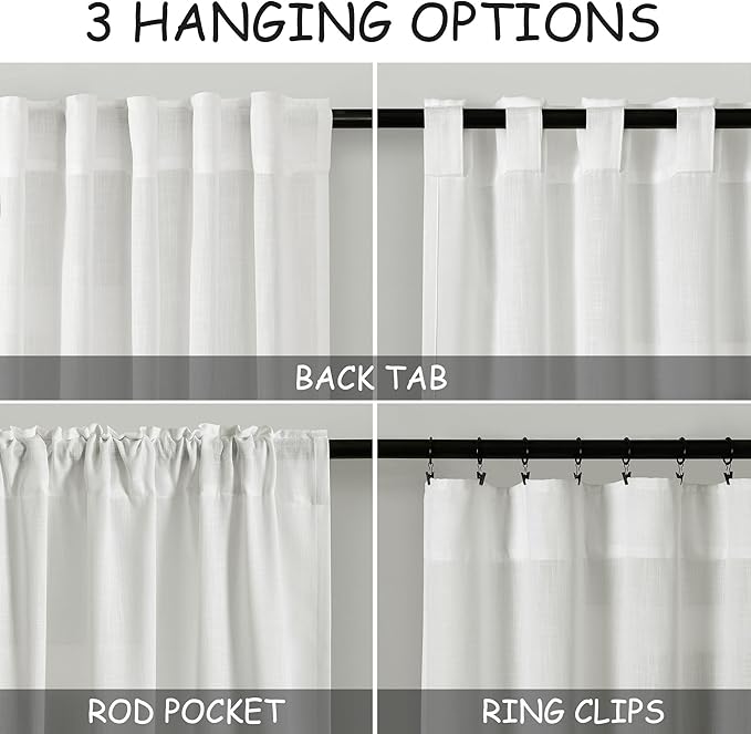 Nanspring Off White Linen Blend Semi Sheer Curtains 86 Inches Long 2 Panel Set Pocket Back Tab Light Filtering Decorative Decor Curtain Drapes for Bedroom Living Room 52x86