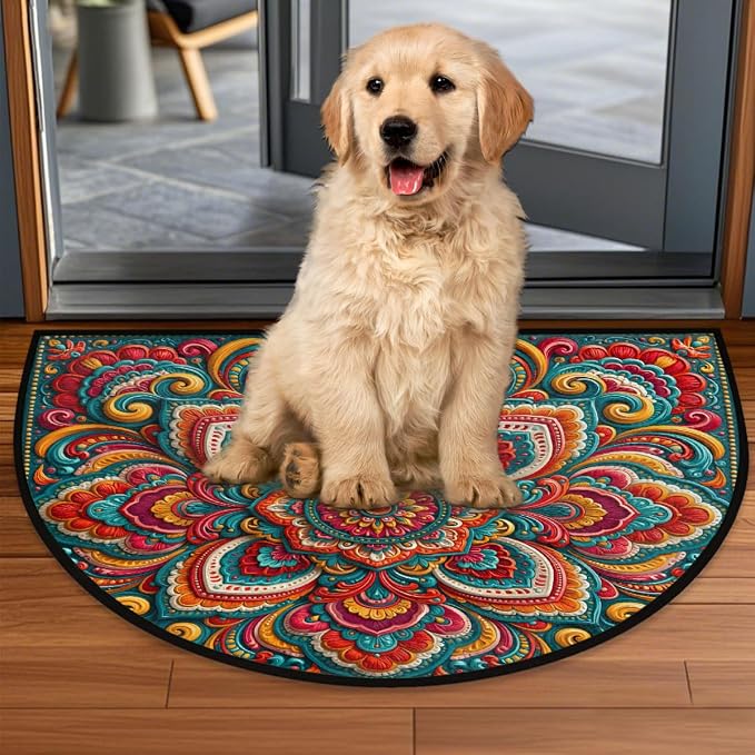 Flower Half Round Door Mat Semi Moon Rug Fireplace Carpet Area Rugs | Colorful Bohemia Non Slip Absorbent Half Circle Mat Carpet for Indoor Outdoor Patio Kitchen Bathroom Entryway Home Decor
