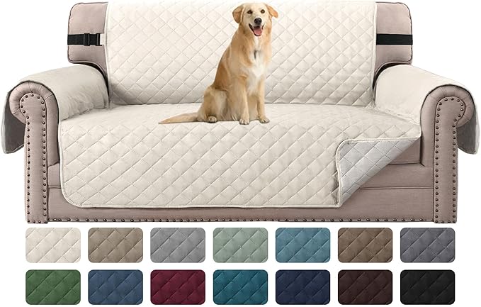 H.VERSAILTEX Water Resistant Loveseat Cover for 3 Cushion Couch Reversible Loveseat Slipcover Furniture Protector with Elastic Strap Non Slip Loveseat Cover for Dogs Pets(Oversized Sofa, Ivory/Beige)