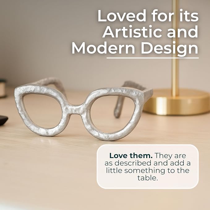 Cateye Glasses Decorative Object – Aluminum Sculpture Modern Home Decor Ornament – Shelf Styling & Coffee Table Decor for Bathroom, Office & Living Room – 7"x3", Silver