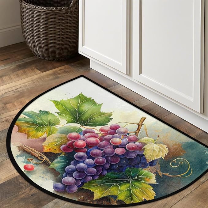 Hand Painted Grapes Half Round Door Mat Non-Slip Semi Circle Rug Washable Half Moon Floor Rug Absorbent Bathroom Area Rugs for Outdoor Indoor Fireplace Mat Entryway Kitchen Decor Rugs