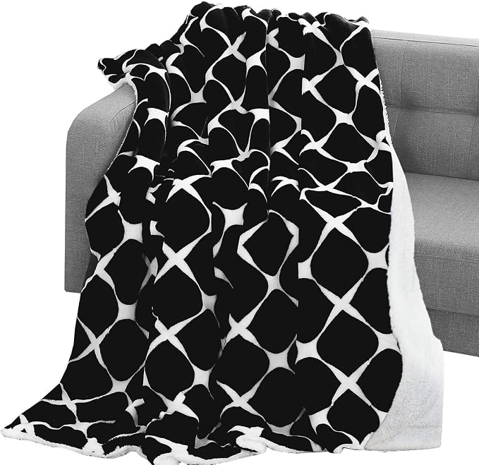 Elegant Comfort Throw Blanket, Reversible Sherpa Flannel, Ultra-Soft, Fuzzy, Cozy and Plush- All Season Lightweight Decorative Throw, 50 x 60 inches, Ogee Pattern Sherpa Throw, Black