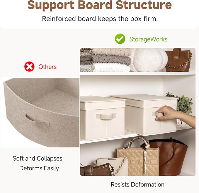 StorageWorks Fabric Storage Bins with Lids, Decorative Storage Bins with PU Handles, Foldable Storage Baskets for Closet, Shelves, Stackable and Sturdy Organization, Beige(Cotton Linen), Large, 3-Pack