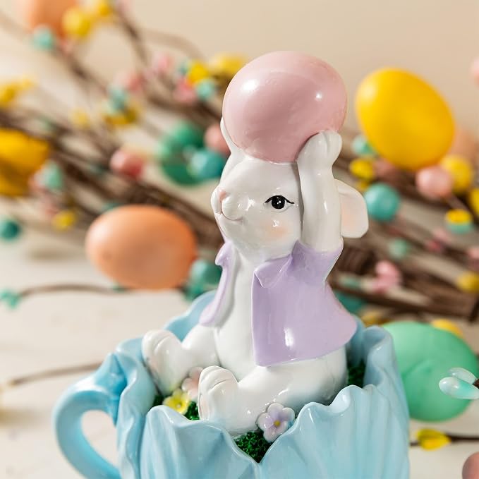 Glitzhome Easter Decorations Bunny Figurine, Set of 2 Resin Rabbit Tabletop Centerpiece Sitting on Tulip Mug with Colorful Egg for Spring Home Indoor & Outdoor Decor