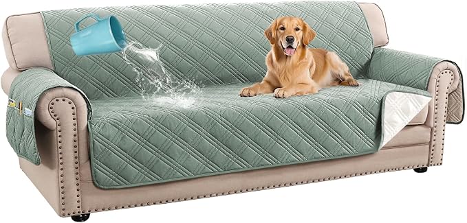 H.VERSAILTEX 100% Waterproof Sofa Covers for 3 Cushion Couch Modern Sofa Cover for Dogs XL Couch Covers for Oversized Sofa with Elastic Straps (Oversized Sofa, Lily Pad/Beige)